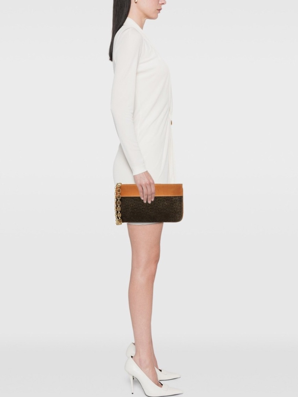 CELINE Authentic Macadam Vintage Suede Leather Clutch with Gold Chain